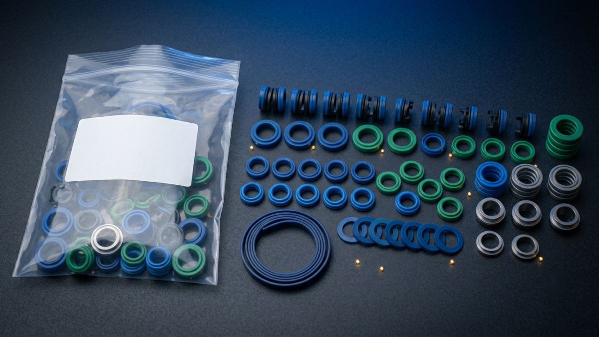 Earthmoving hydraulic cylinder seal kit laid out beside its sealed bag