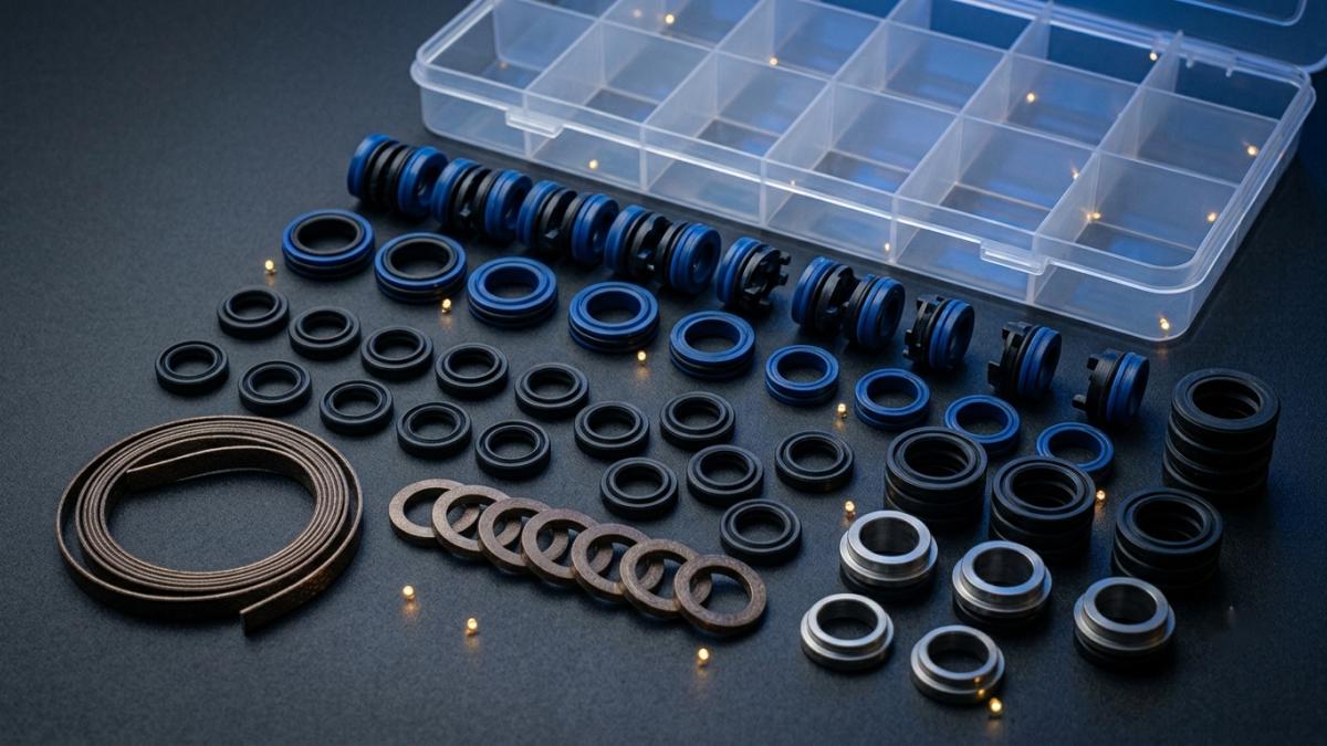 Hydraulic cylinder seals, guide rings and a bronze-filled PTFE guide strip coil