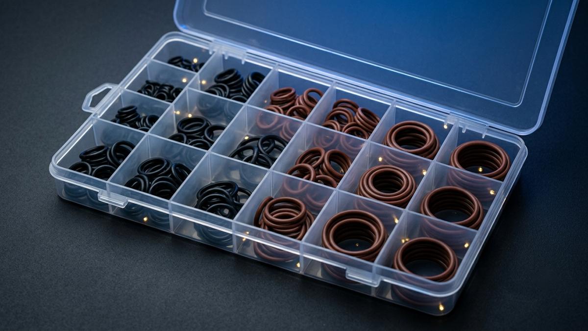 Boxed assortment of standard-size O-rings in nitrile and FKM, sorted by size