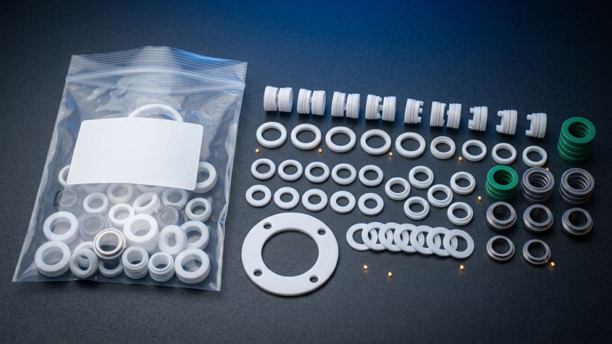 PTFE backup rings, O-rings, washer seals and a flat flange gasket in white PTFE