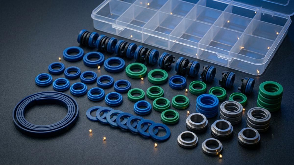 Standard range of seals, O-ring kits and couplings laid out on a workbench